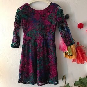 Lace watercolor jeweltone dress with sheer sleeves